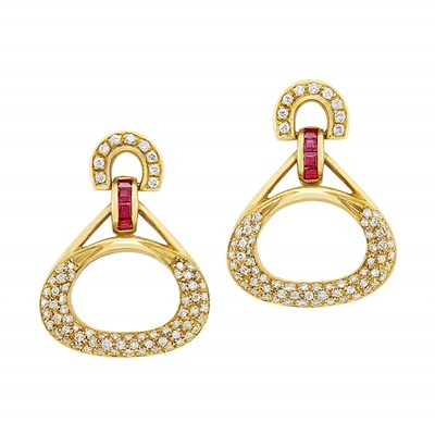 Lot 559 - Pair of Gold, Diamond and Ruby Pendant-Earrings