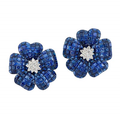 Lot 268 - Pair of White Gold, Invisibly-Set Sapphire and Diamond Flower Earclips