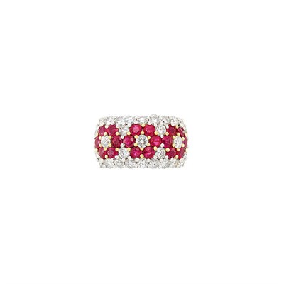 Lot 363 - Wide Two-Color Gold, Ruby and Diamond Ring