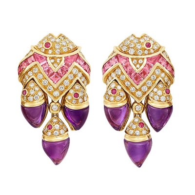Lot 308 - Pair of Gold, Diamond, Pink Sapphire, Cabochon Amethyst and Ruby Fish Earclips
