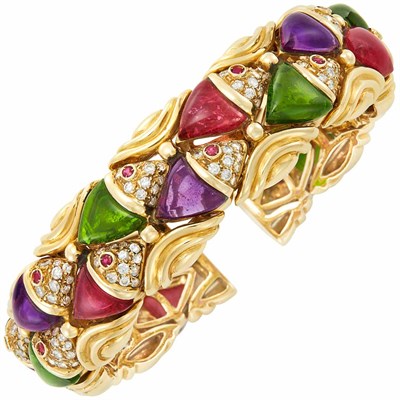 Lot 309 - Gold, Cabochon Amethyst, Peridot and Pink Tourmaline, Diamond and Ruby Fish Bangle Bracelet