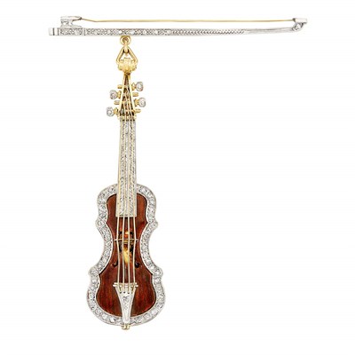 Lot 512 - Gold, Platinum, Brown Enamel and Diamond Violin Brooch