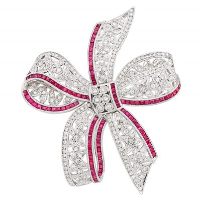 Lot 383 - Platinum, Diamond and Ruby Bow Brooch