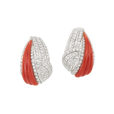 Lot 274 - Pair of White Gold, Fluted Coral and Diamond Earclips
