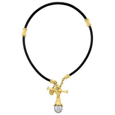 Lot 63 - High Karat Gold and Tahitian Gray Cultured Pearl, Gold and Leather Toggle Pendant-Necklace, Denise Roberge