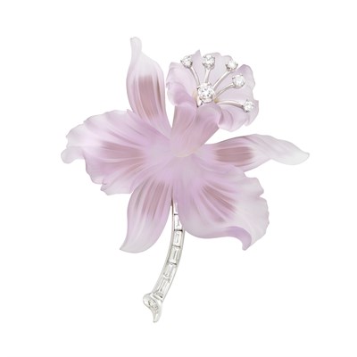 Lot 106 - White Gold, Carved Frosted Amethyst and Diamond Flower Brooch