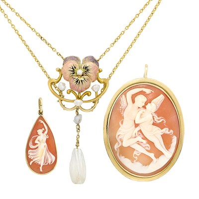 Lot 94 - Two Gold and Shell Cameo Pendants and Art Nouveau Gold, Enamel, Freshwater Pearl and Diamond Swag Necklace