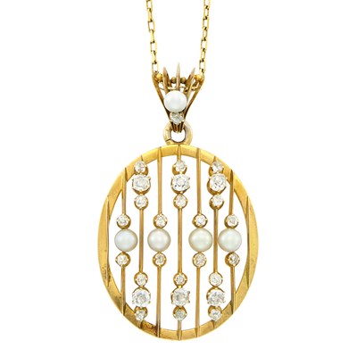 Lot 276 - Antique Gold, Diamond and Pearl Pendant-Brooch and Gold Chain