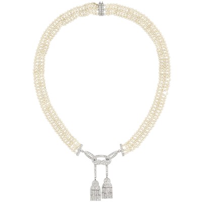 Lot 197 - Edwardian Platinum, Woven Seed Pearl and Diamond Tassle Necklace