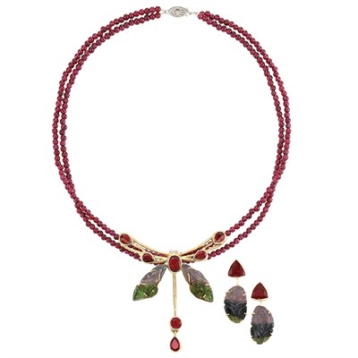 Lot 52 - Gold, Tricolor Tourmaline, Garnet and Diamond Dragonfly and Garnet Bead Pendant-Necklace and Pair of Pendant-Earrings