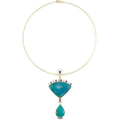 Lot 260 - Gold, Chrysocolla, Sapphire and Diamond Pendant with a Gold Wire Necklace