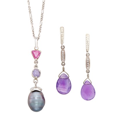 Lot 124 - White Gold, Tahitian Gray Cultured Pearl and Gem-Set Pendant and Pair of Silver, Amethyst and Diamond Pendant-Earrings