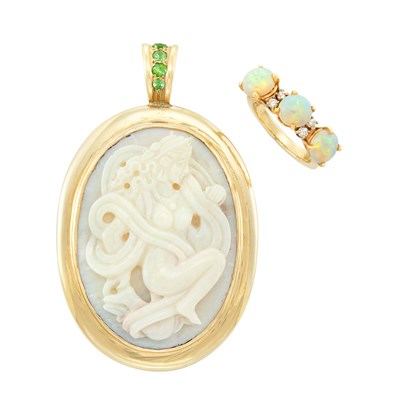 Lot 113 - Two-Color Gold and Carved Opal Pendant and Opal and Diamond Ring