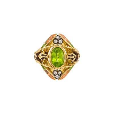 Lot 42 - Art Nouveau Gold, Silver, Plique-à-Jour Enamel, Peridot and Diamond Double Wasp Ring, France