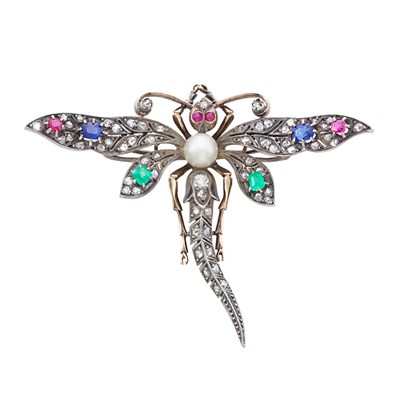 Lot 313 - Antique Silver, Gold, Diamond, Pearl, Emerald, Ruby and Sapphire Dragonfly Brooch, France