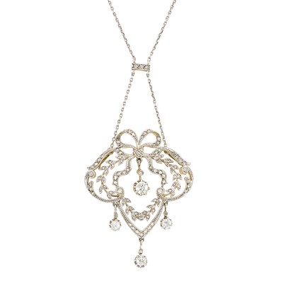 Lot 11 - Belle Époque Platinum-Topped Gold and Diamond Pendant with Platinum and Diamond Chain