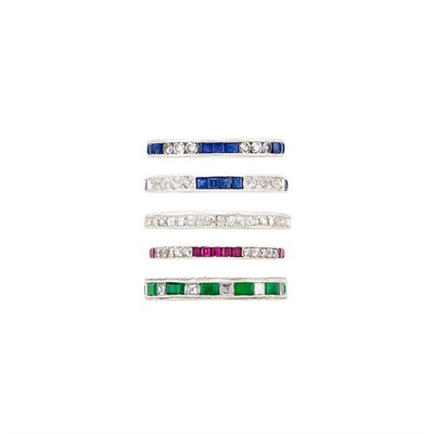 Lot 18 - Five Platinum, Diamond, Emerald, Sapphire and Ruby Band Rings