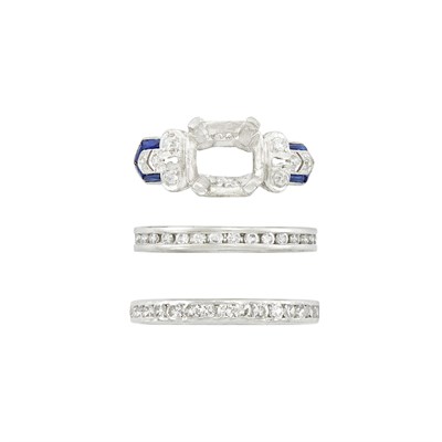 Lot 225 - Two Platinum and Diamond Band Rings and Platinum, Diamond and Synthetic Sapphire Mounting