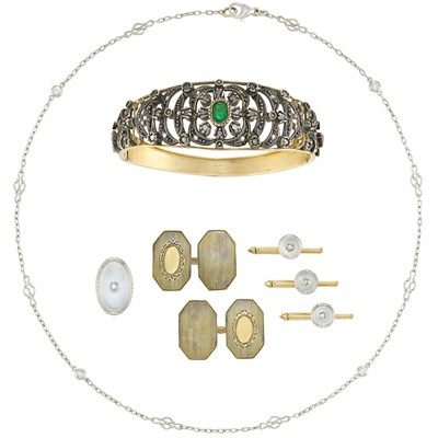 Lot 43 - Group of Gold, Silver, Platinum, Diamond, Emerald and Mother-of-Pearl Jewelry