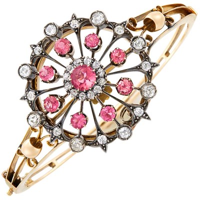 Lot 47 - Antique Gold, Silver-Topped Gold, Pink Tourmaline and Diamond Pendant-Bangle Bracelet Combination