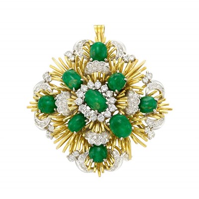 Lot 270 - Two-Color Gold, Emerald and Diamond Pendant-Brooch