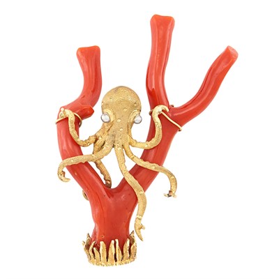 Lot 88 - Two-Color Gold and Branch Coral Octopus Brooch