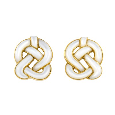 Lot 387 - Pair of Gold and Mother-of-Pearl Knot Earclips, Angela Cummings for Tiffany & Co.