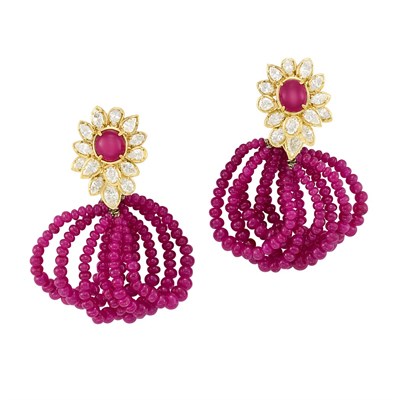 Lot 60 - Gold, Diamond and Ruby Bead Pendant-Earclips