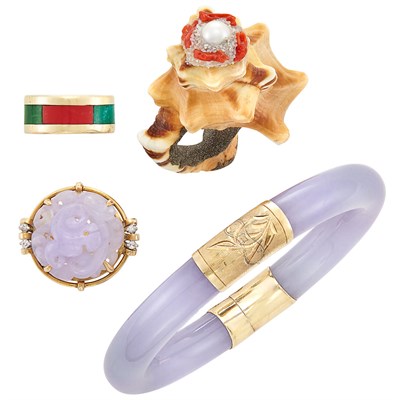 Lot 243 - Gold and Lavender Jade Bangle Bracelet and Ring, Hardstone Ring and Shell Cultured Pearl and Coral Ring