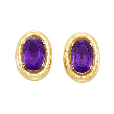 Lot 123 - Pair of Gold and Amethyst Earclips