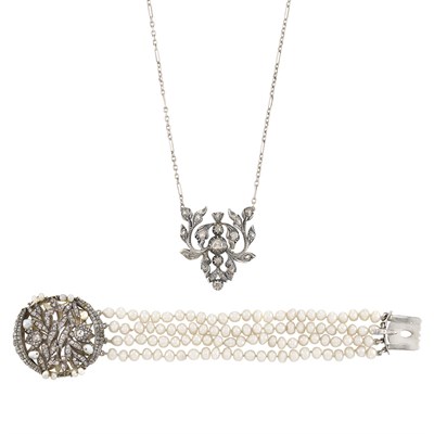 Lot 330 - Four Strand Cultured Freshwater Pearl Bracelet with a Georgian Diamond Clasp and a Georgian Silver and Diamond Necklace