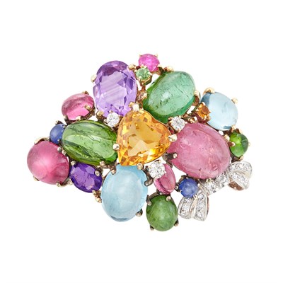 Lot 149 - Two-Color Gold, Gem-Set and Diamond Cluster Clip-Brooch