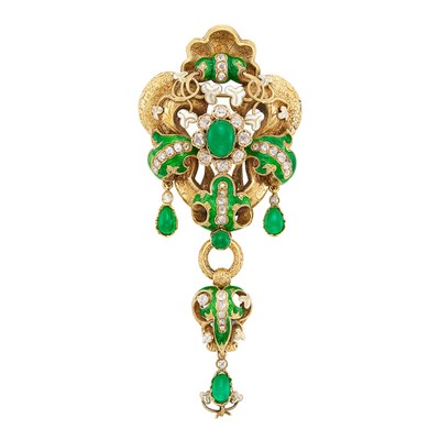 Lot 309 - Antique Gold, Emerald, Enamel and Diamond Pendant-Brooch