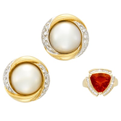 Lot 87 - Gold, Fire Opal and Diamond Ring with a Pair of Two-Color Gold, Mabé Pearl and Diamond Earrings