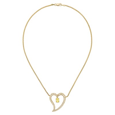 Lot 147 - Gold, Fancy Intense Yellow Diamond and Diamond Heart Pendant Necklace
