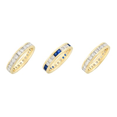 Lot 33 - Three Gold, Diamond and Sapphire Band Rings
