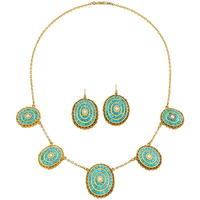 Lot 471 - Antique Gold, Turquoise and Split Pearl Necklace and Pair of Earrings