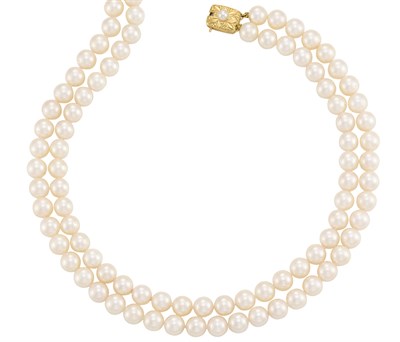 Lot 41 - Double Strand Cultured Pearl Necklace with Gold and Cultured Pearl Clasp, Mikimoto
