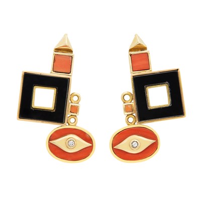 Lot 6 - Pair of Gold, Coral, Black Onyx and Diamond Pendant-Earrings