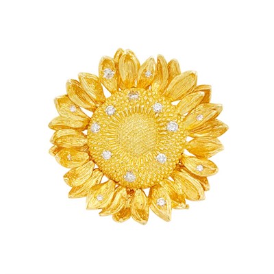 Lot 475 - Gold and Diamond Sunflower Pendant-Brooch, Asprey