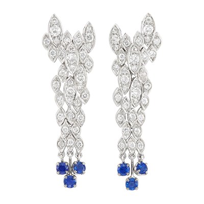 Lot 448 - Pair of White Gold, Diamond and Sapphire Pendant-Earclips