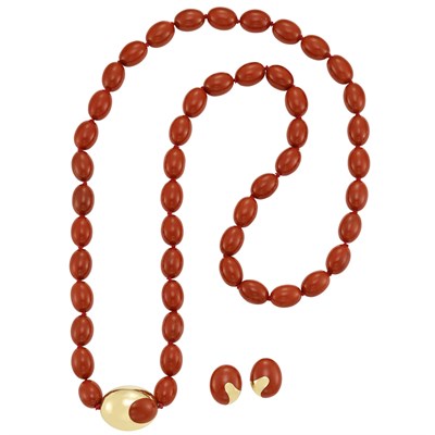 Lot 494 - Long Jasper Bead and Gold Necklace, Tiffany & Co., and Pair of Earclips