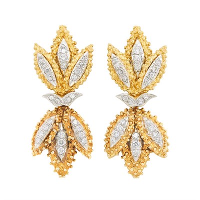 Lot 561 - Pair of Two-Color Gold and Diamond Pendant-Earclips