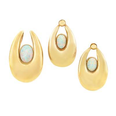 Lot 197 - Pair of Cabochon Opal Pendant-Earrings and Pendant