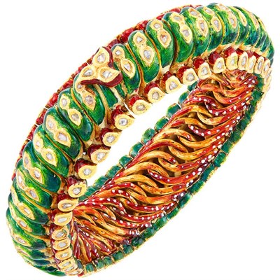 Lot 199 - Gold, Green and Red Indian Enamel and Diamond Bangle Bracelet