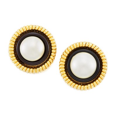 Lot 218 - Pair of Gold, Imitation Pearl, Black Glass and Gilt-Metal Twist Earclips, Chanel