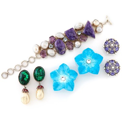 Lot 201 - Group of Sterling Silver, Amethyst, Blue Topaz, Freshwater Pearl and Purple Hardstone Jewelry