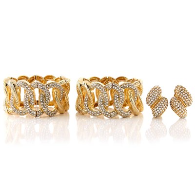 Lot 217 - Two Gilt-Metal and Diamond Bracelets and Pair of Earclips