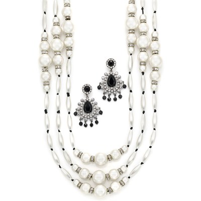 Lot 204 - Multistrand Imitation Pearl and Rhinestone Bead Necklace and Black and Rhinestone Pendant-Earrings