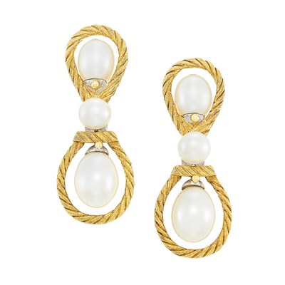 Lot 190 - Pair of Two-Color Gold and Cultured Pearl Pendant-Earrings, Buccellati